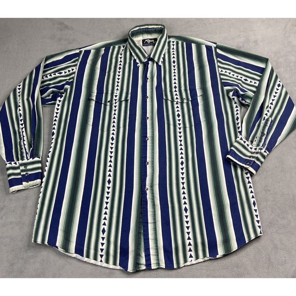 Vintage Roper Shirt Men XL Green Stripe Western Cowboy Heavy Brushpopper Pearl - Picture 2 of 10
